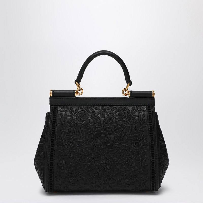 Dolce &amp; Gabbana Sicily Medium Black Embroidered Leather Handbag Black