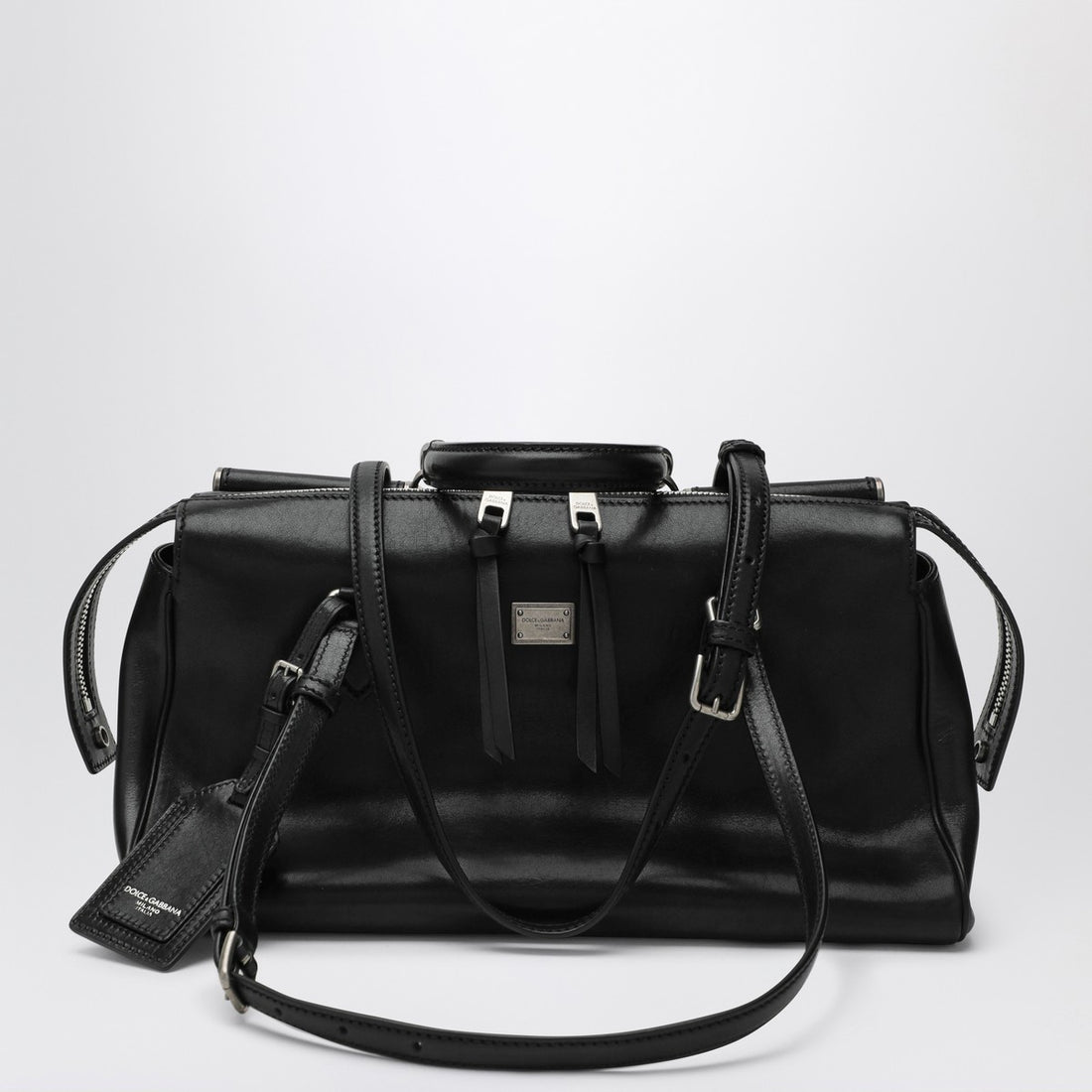 Dolce &amp; Gabbana Vittoria Black Calfskin Leather Handbag with Double Zip Black