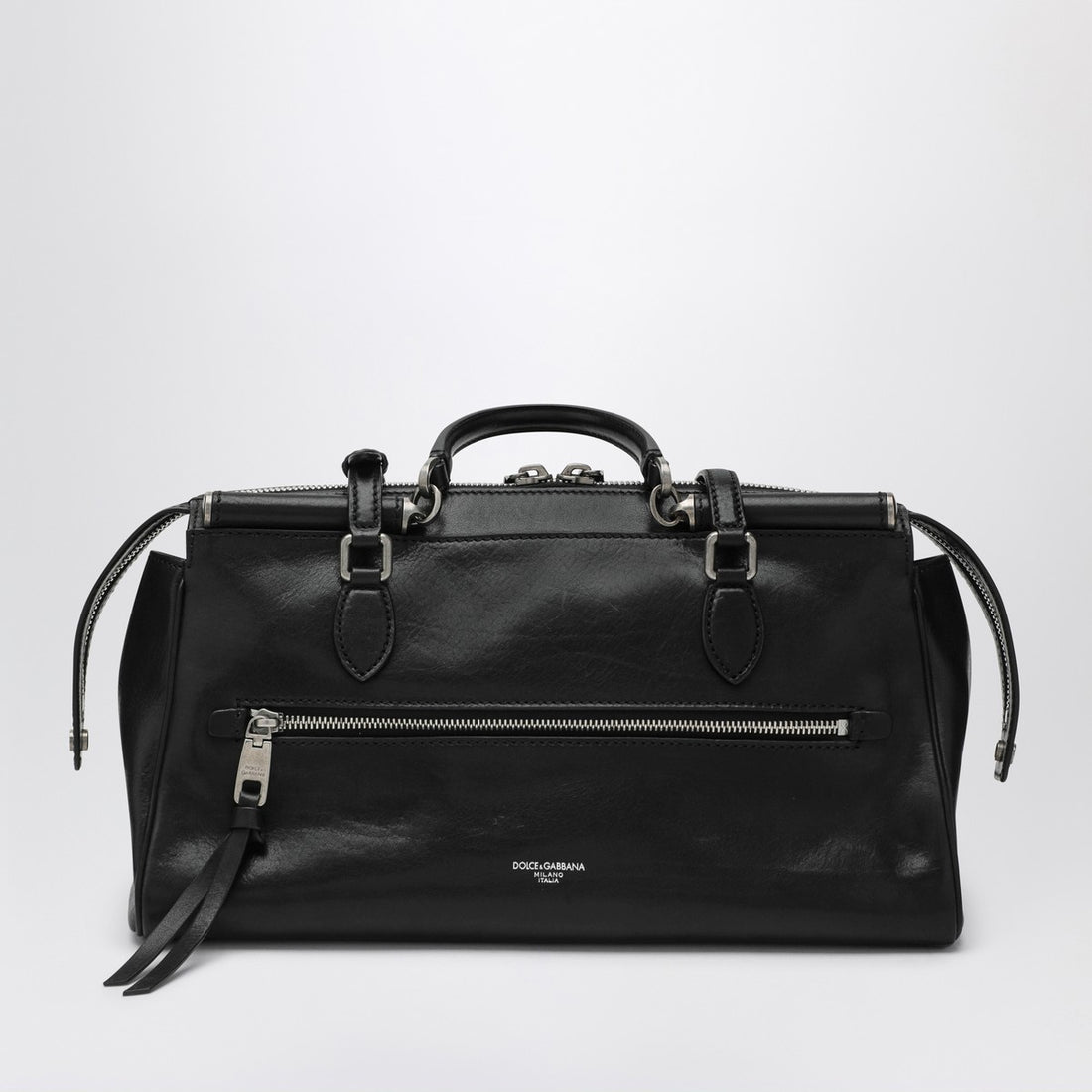 Dolce &amp; Gabbana Vittoria Black Calfskin Leather Handbag with Double Zip Black