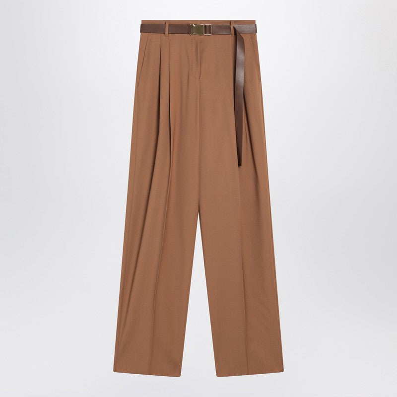 Max Mara Studio Hazelnut Wool Canvas Trousers with Metal Buckle Belt Brown