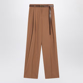 Max Mara Studio Hazelnut Wool Canvas Trousers with Metal Buckle Belt Brown
