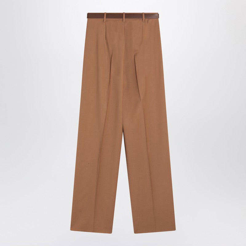 Max Mara Studio Hazelnut Wool Canvas Trousers with Metal Buckle Belt Brown