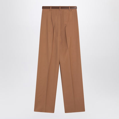Max Mara Studio Hazelnut Wool Canvas Trousers with Metal Buckle Belt Brown