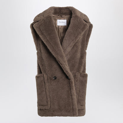 Max Mara Brown Teddy Alpaca-Wool Gilet with Wide Lapels Brown