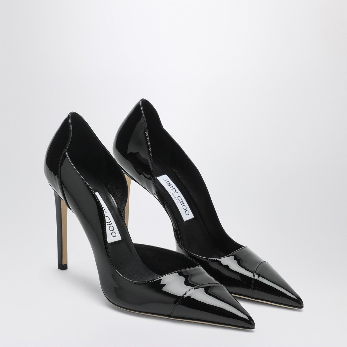 Jimmy Choo Brigitte 100 Black Patent Leather Pointed Pumps with Stitched Strap Black