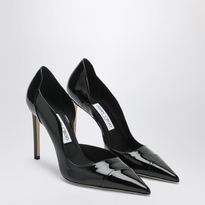 Jimmy Choo Brigitte 100 Black Patent Leather Pointed Pumps with Stitched Strap Black