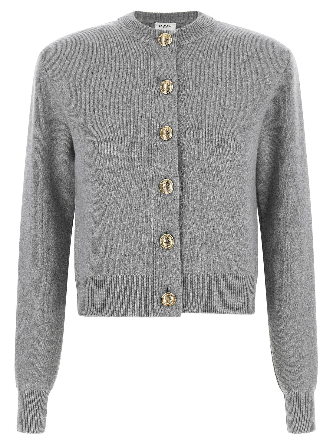 Balmain Sculpture Button Crew Neck Cardigan Gray