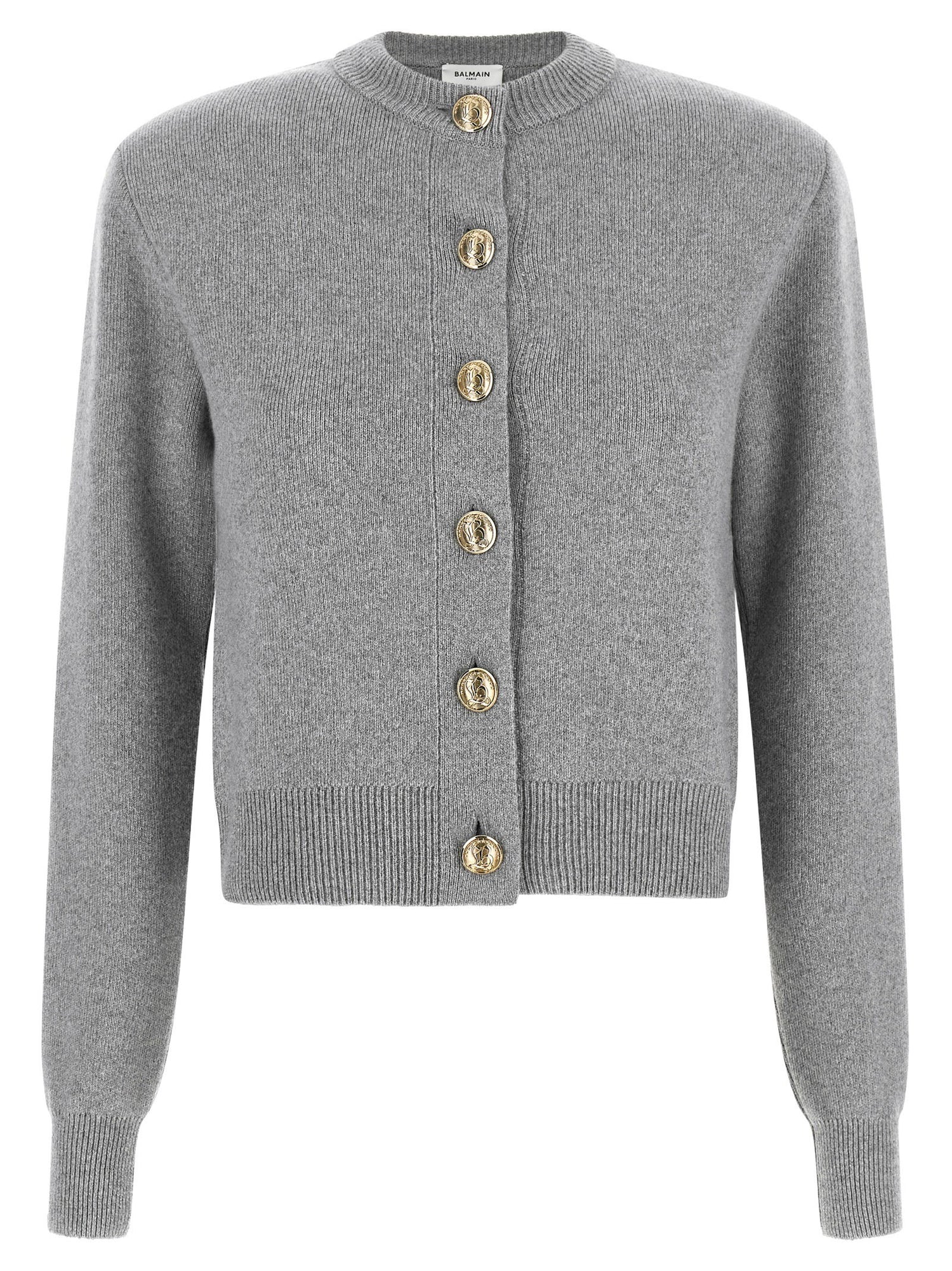 Balmain Sculpture Button Crew Neck Cardigan Gray