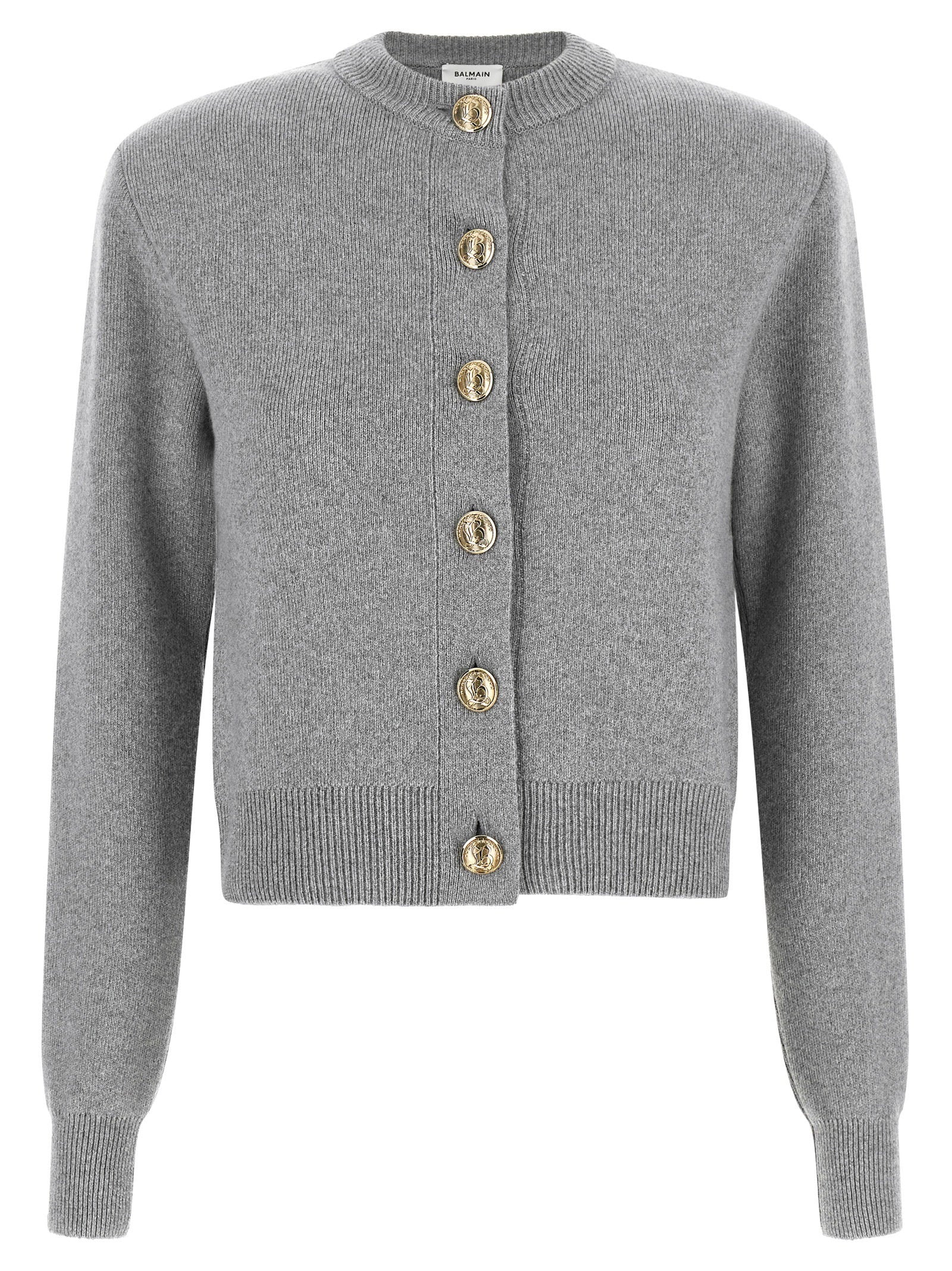 Balmain Sculpture Button Crew Neck Cardigan Gray