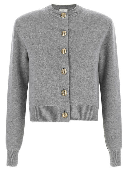 Balmain Sculpture Button Crew Neck Cardigan Gray