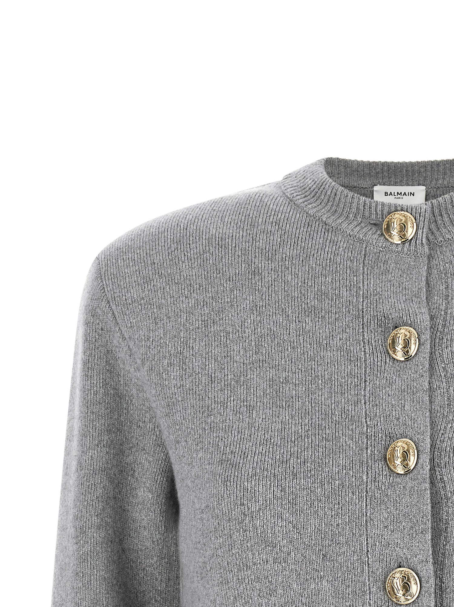 Balmain Sculpture Button Crew Neck Cardigan Gray