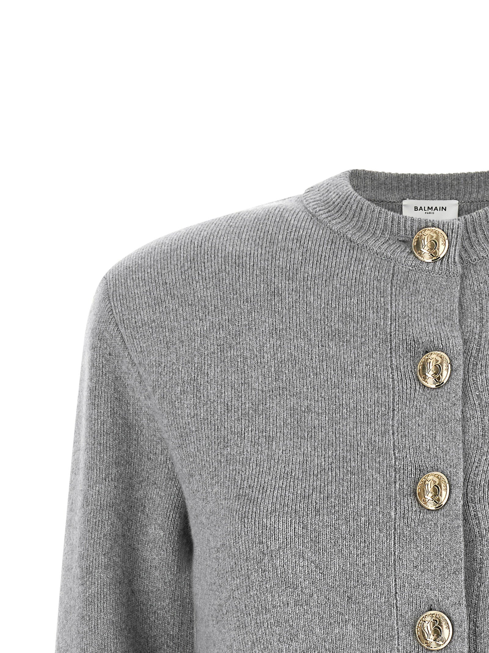 Balmain Sculpture Button Crew Neck Cardigan Gray