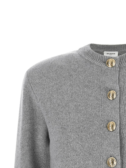 Balmain Sculpture Button Crew Neck Cardigan Gray