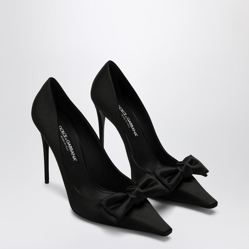 Dolce &amp; Gabbana Black Satin Pointed Pumps with Bow Black