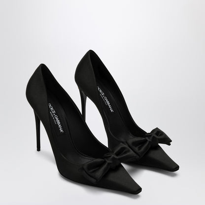 Dolce &amp; Gabbana Black Satin Pointed Pumps with Bow Black