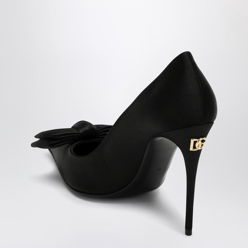 Dolce &amp; Gabbana Black Satin Pointed Pumps with Bow Black