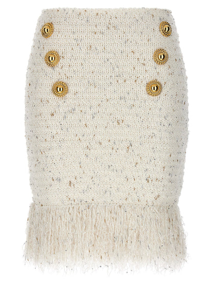 Balmain Fringed Tweed Skirt White