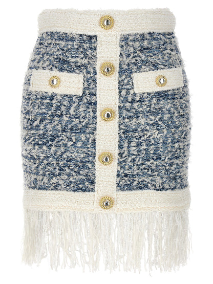 Balmain Fringed Tweed Skirt Light blue