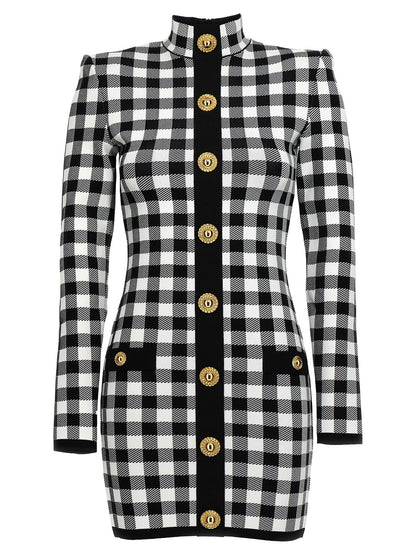 Balmain Vichy Knit Dress White/black