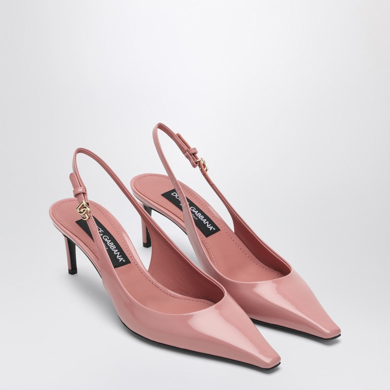 Dolce &amp; Gabbana Pink Pointed-Toe Leather Slingback Pumps with DG Logo Heel Pink