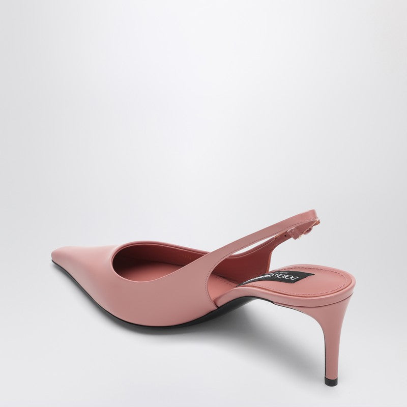 Dolce &amp; Gabbana Pink Pointed-Toe Leather Slingback Pumps with DG Logo Heel Pink