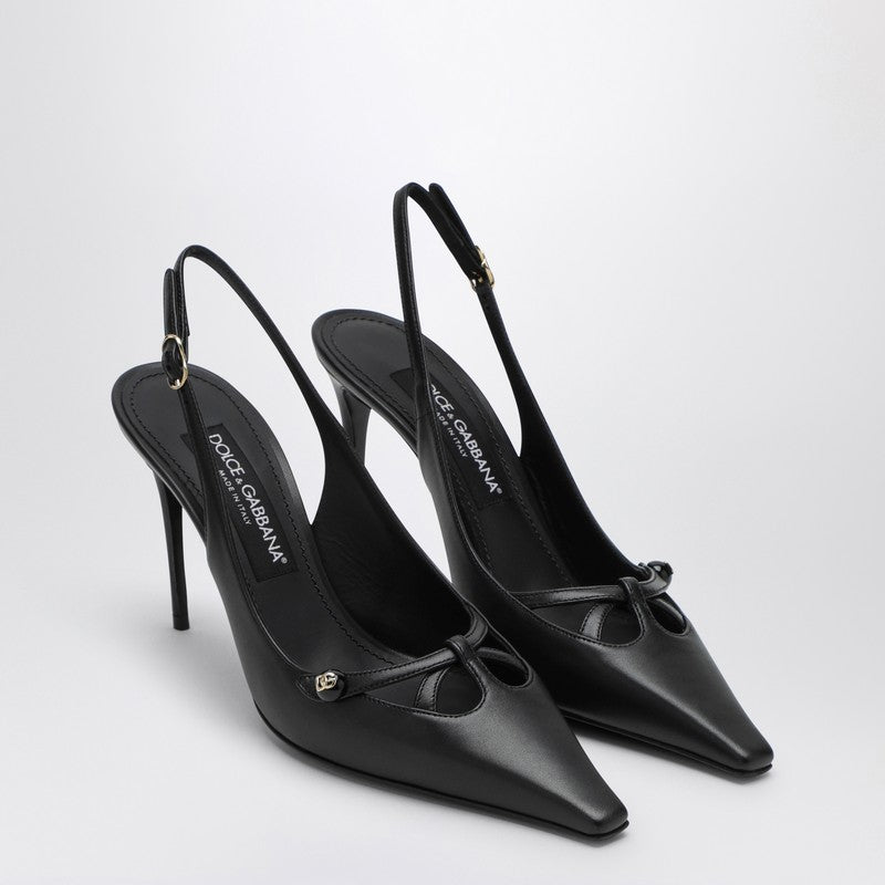 Dolce &amp; Gabbana Black Leather Slingback Pumps with Pointed Toe and Gold DG Logo Black