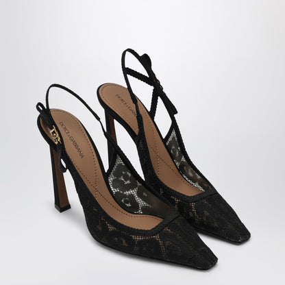 Dolce &amp; Gabbana Black Lace Slingback Heels with Rhinestones Black