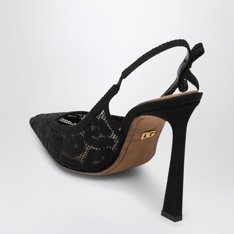 Dolce &amp; Gabbana Black Lace Slingback Heels with Rhinestones Black