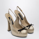 Dolce & Gabbana Cream Satin Gathered Bow Platform Slingback Pumps Beige