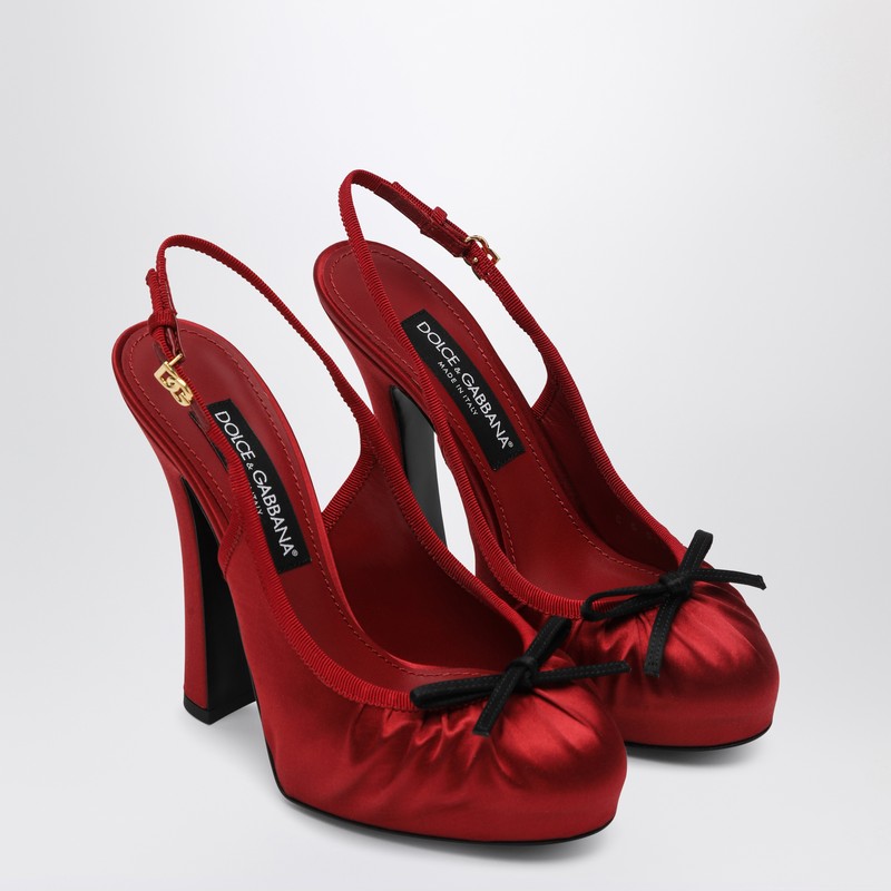Dolce &amp; Gabbana Red Satin Gathered Slingback Pumps with Bow and Platform Heel Red