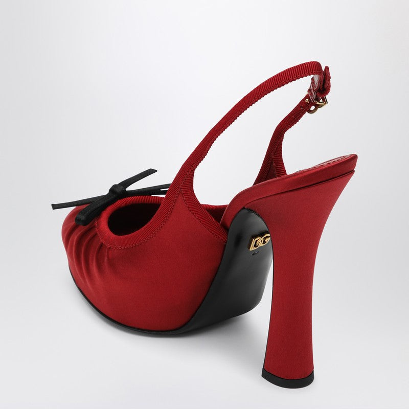 Dolce &amp; Gabbana Red Satin Gathered Slingback Pumps with Bow and Platform Heel Red
