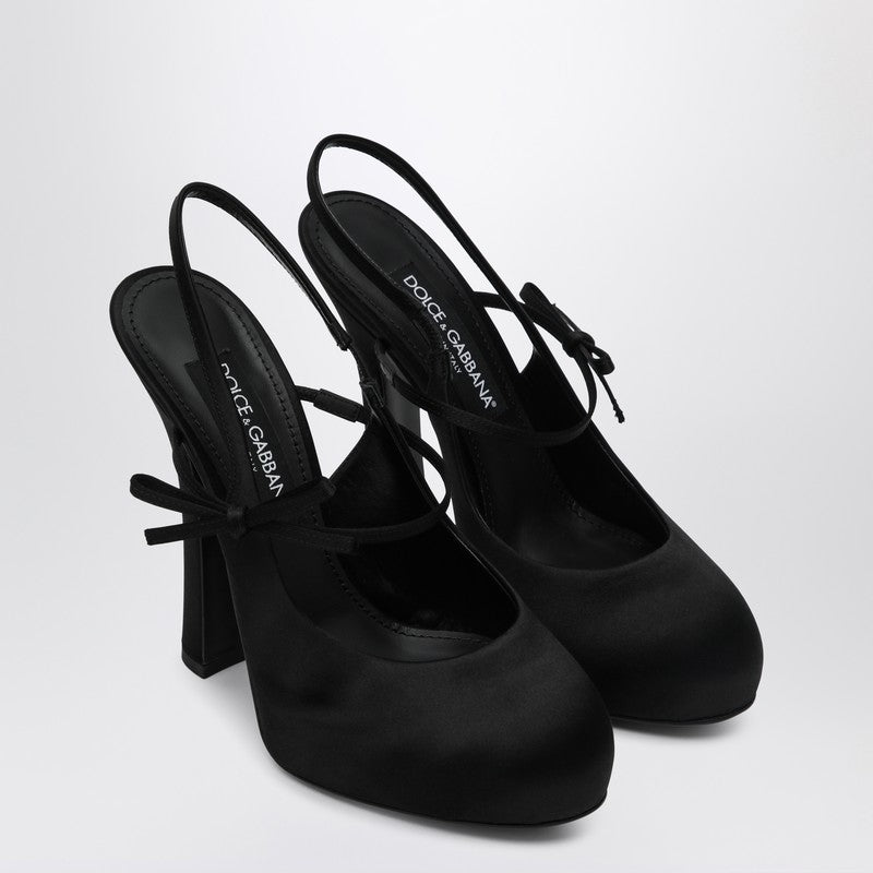 Dolce &amp; Gabbana High Black Satin Slingback Heels with Bow Detail Black