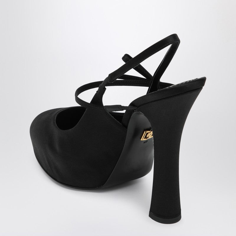 Dolce &amp; Gabbana High Black Satin Slingback Heels with Bow Detail Black