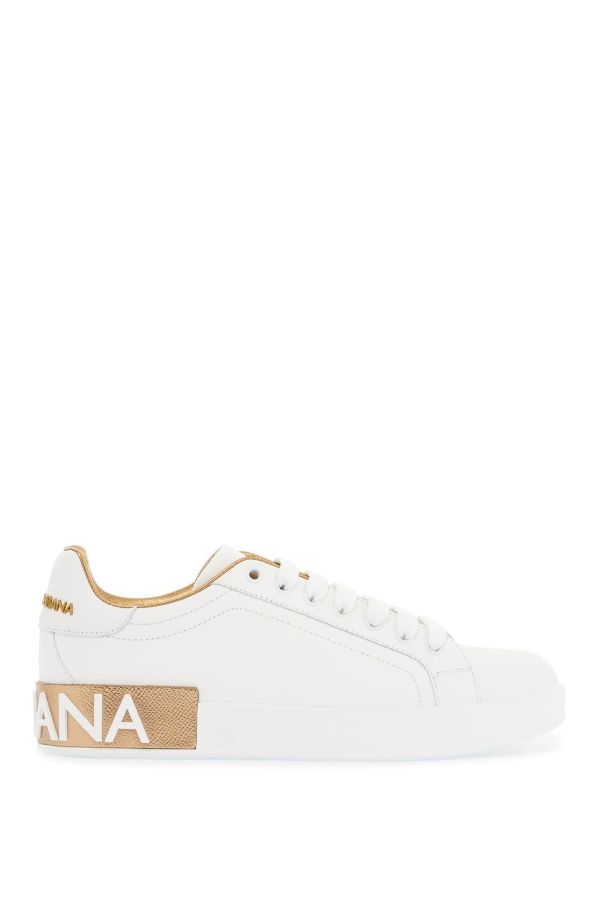 Dolce &amp; Gabbana white calfskin low-top sneakers with gold details and velcro closure