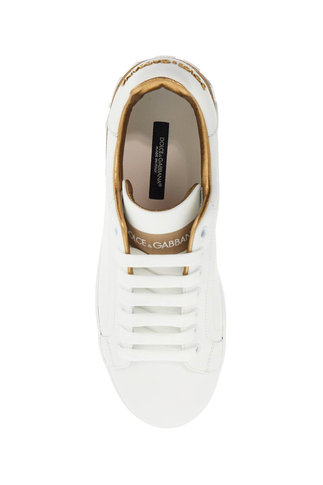 Dolce &amp; Gabbana white calfskin low-top sneakers with gold details and velcro closure