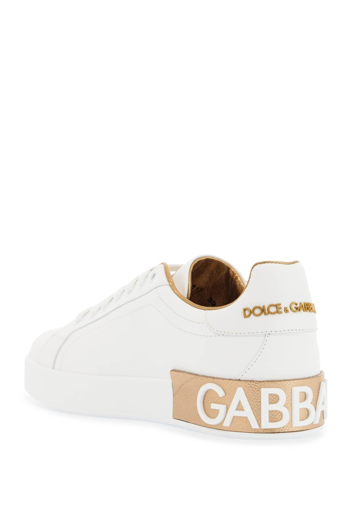 Dolce &amp; Gabbana white calfskin low-top sneakers with gold details and velcro closure