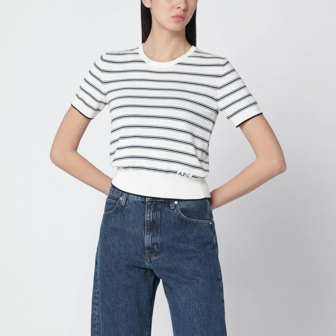 A.P.C. White Knit Top With Ecru/black Stripes