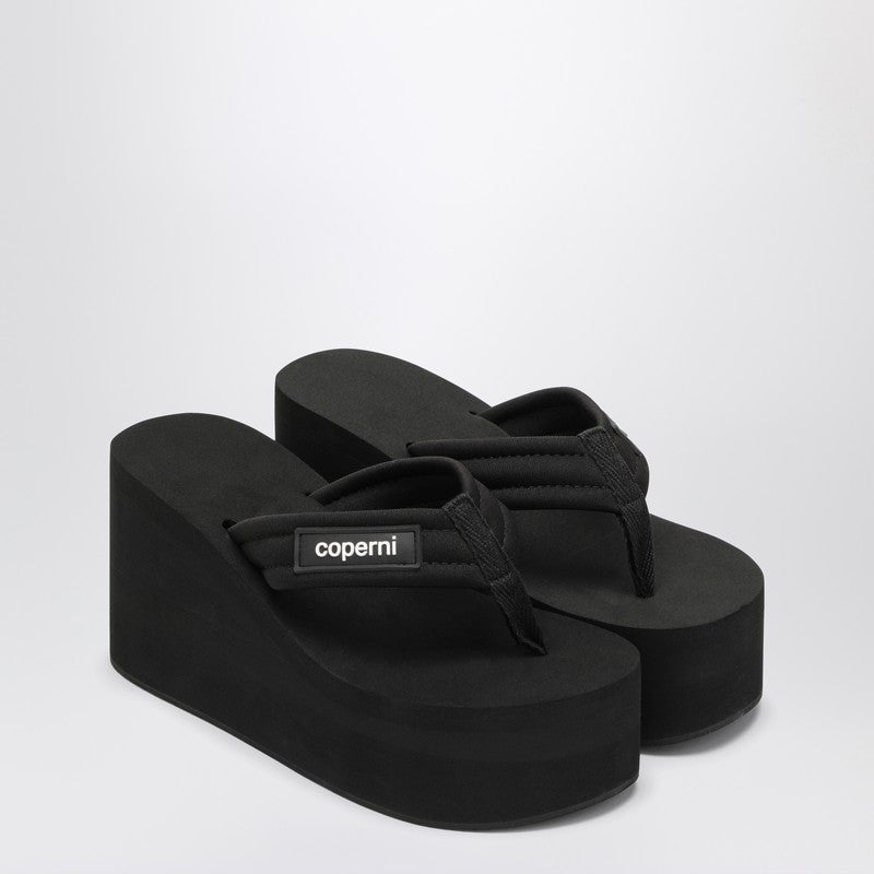 Coperni Black Leather Wedge Logo Thong Sandals Black
