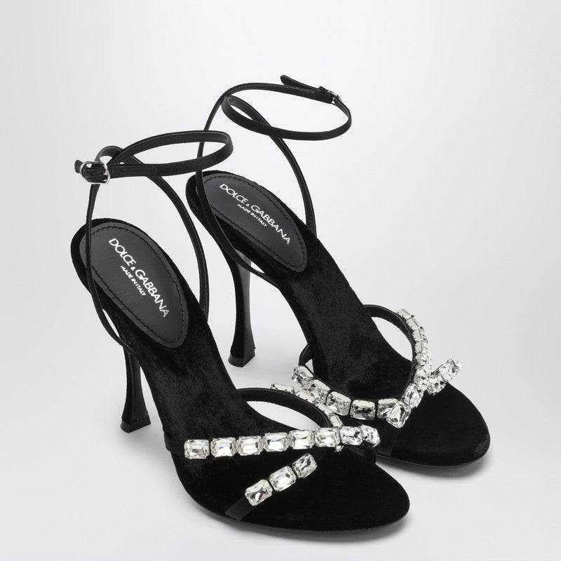 Dolce &amp; Gabbana Black Satin Sandals with Crystal Embellished Straps Black