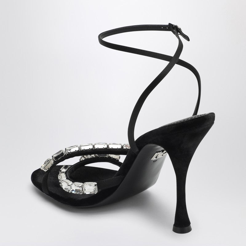 Dolce &amp; Gabbana Black Satin Sandals with Crystal Embellished Straps Black