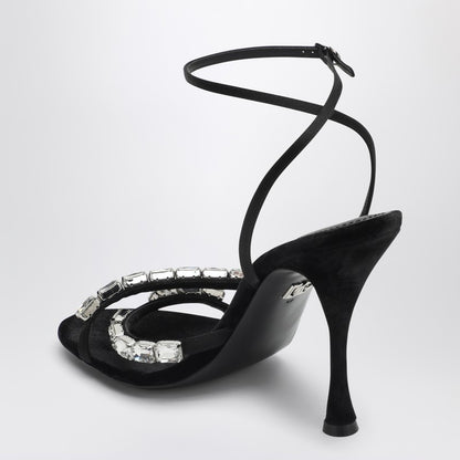 Dolce &amp; Gabbana Black Satin Sandals with Crystal Embellished Straps Black