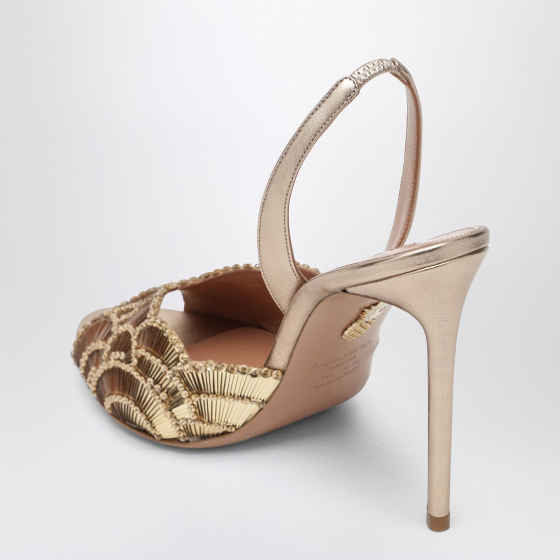 Aquazzura Embroidered Gold Leather Stiletto Sandals Green