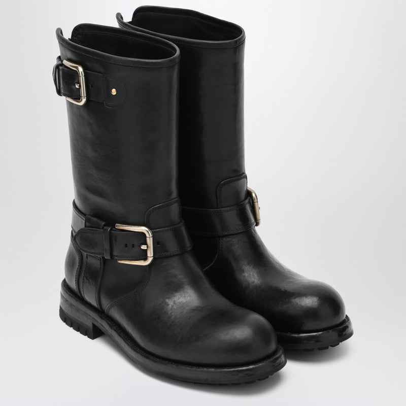 Dolce &amp; Gabbana Black Leather Calf Boots with Buckles Black