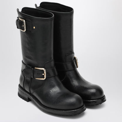Dolce &amp; Gabbana Black Leather Calf Boots with Buckles Black