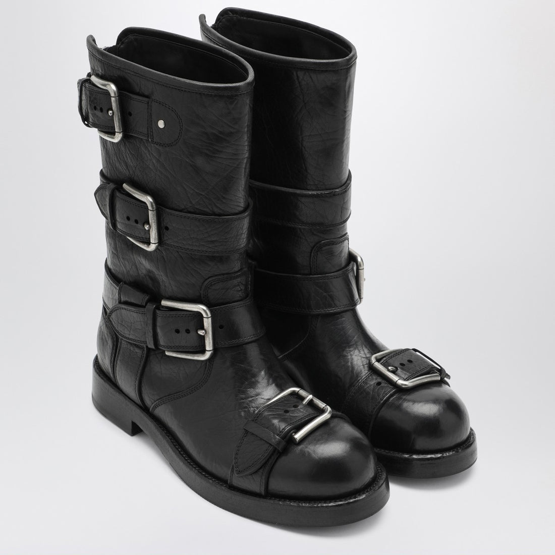 Dolce & Gabbana Black Leather Boots with Buckled Straps Black