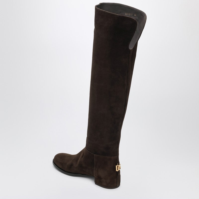 Dolce & Gabbana High Suede Knee Boots in Ebony Brown Brown
