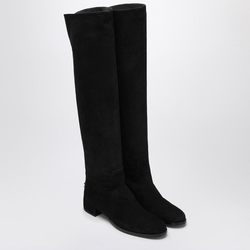 Dolce &amp; Gabbana High Suede Knee Boots Black with Gold Logo Detail Black
