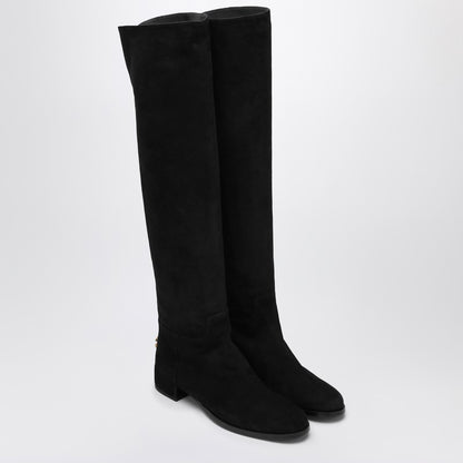 Dolce &amp; Gabbana High Suede Knee Boots Black with Gold Logo Detail Black