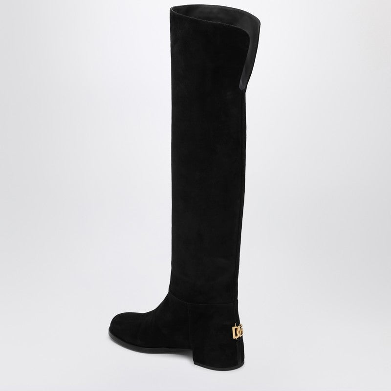 Dolce &amp; Gabbana High Suede Knee Boots Black with Gold Logo Detail Black