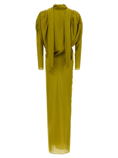 Balmain Draped Silk Dress With Knot Green